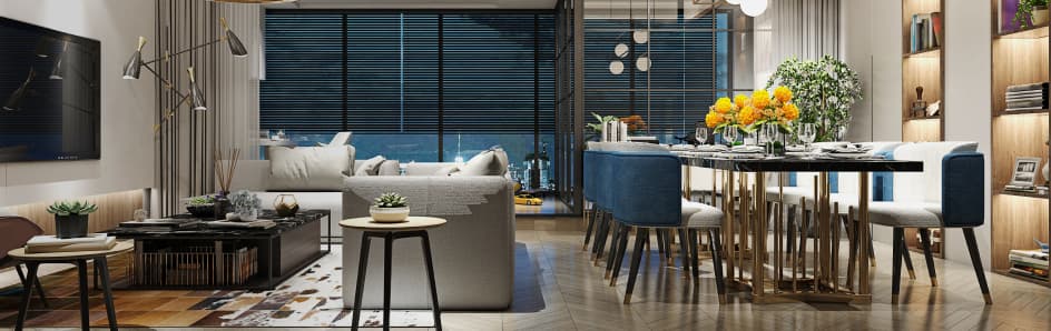 Modern living room and dining area.